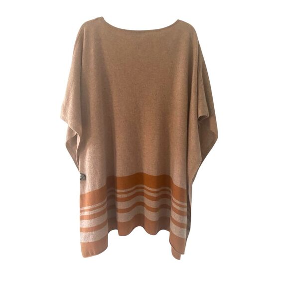Halogen 100% Cashmere Strip Border Poncho in Tan O/S - Picture 2 of 8